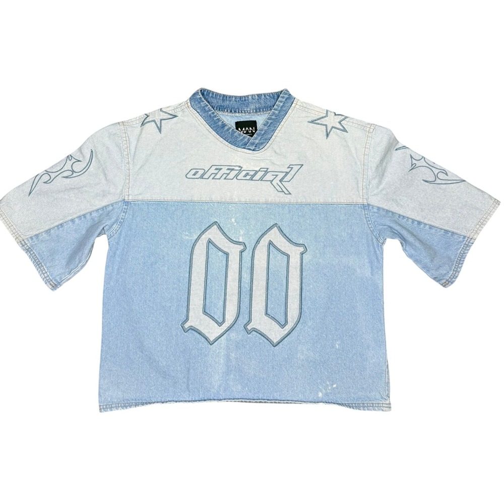 boohooMAN Streetwear Oversized 00 Embroidery Football Denim Boxy Jersey T-Shirt